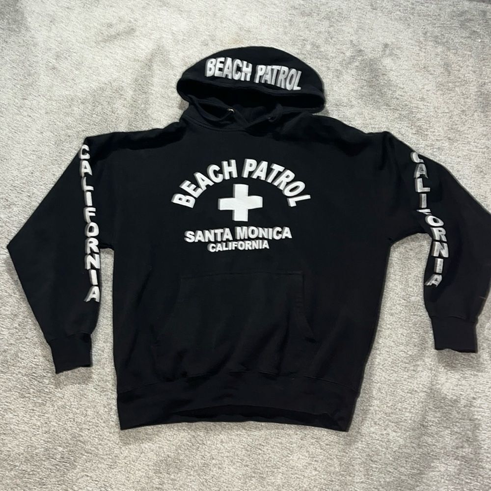 Black Santa Monica Beach Patrol California Cali hooded hoodie sweatshirt L